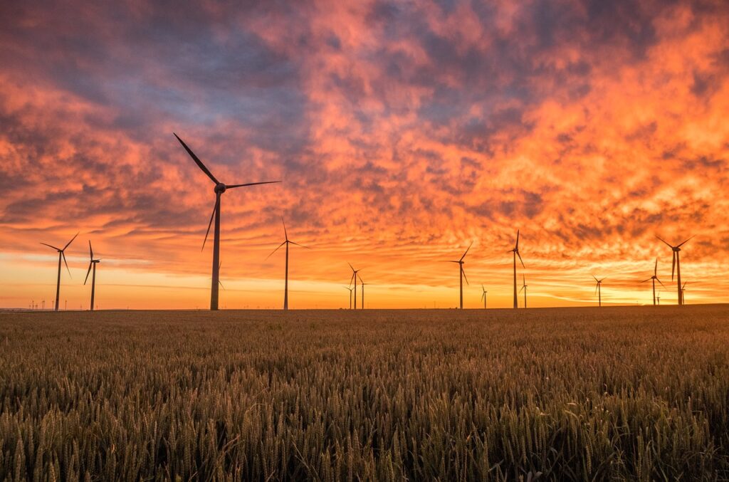 windmills, fields, sunset, clouds, sky, nature, cloudsscape, dusk, twilight, wind turbines, renewable energy, horizon, wind power, wind energy, alternative energy, green energy, field, sunrise
