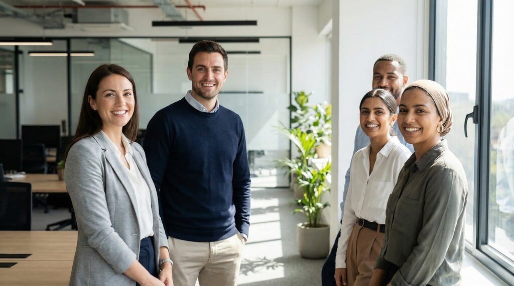 business team, diversity, office portrait, happy colleagues, multiethnic group, professional people, smiling team, corporate culture, teamwork, modern office, workplace, collaboration, business people, diverse workforce, young professionals, successful team, employee group, executive team, positive attitude, global business, office environment, smart casual, professional setting, ai generated