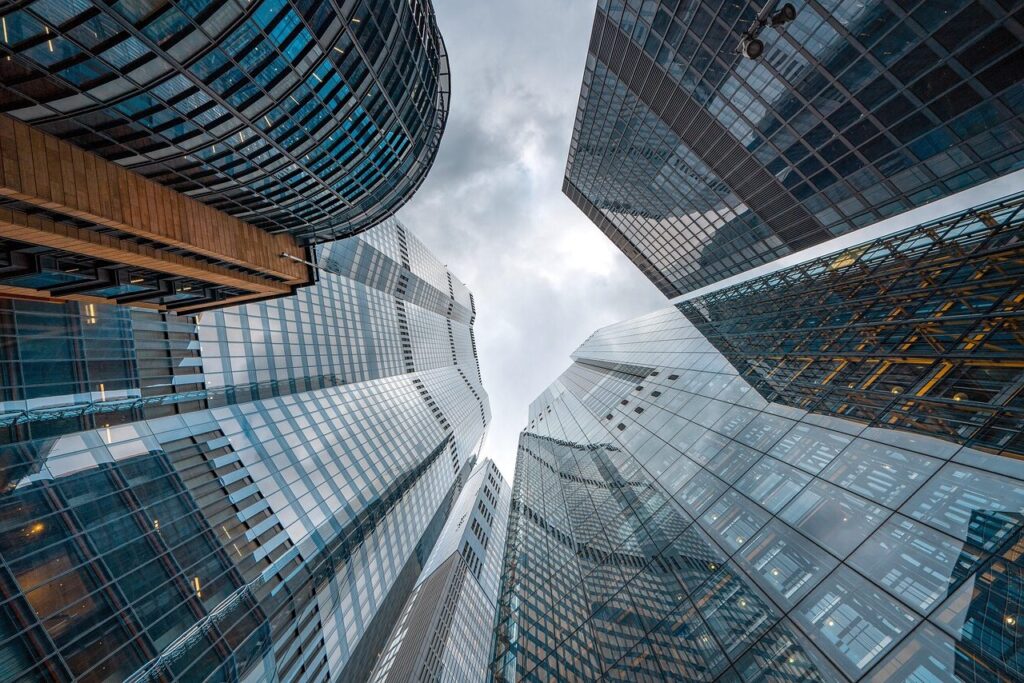 skyscraper, architecture, city, facade, glass, perspective, cityscape, high